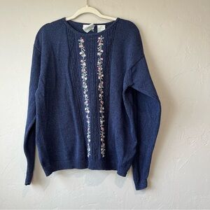 Vintage Sweater Large Embroidered Floral Cottage Core Grandma Knit Navy Cable